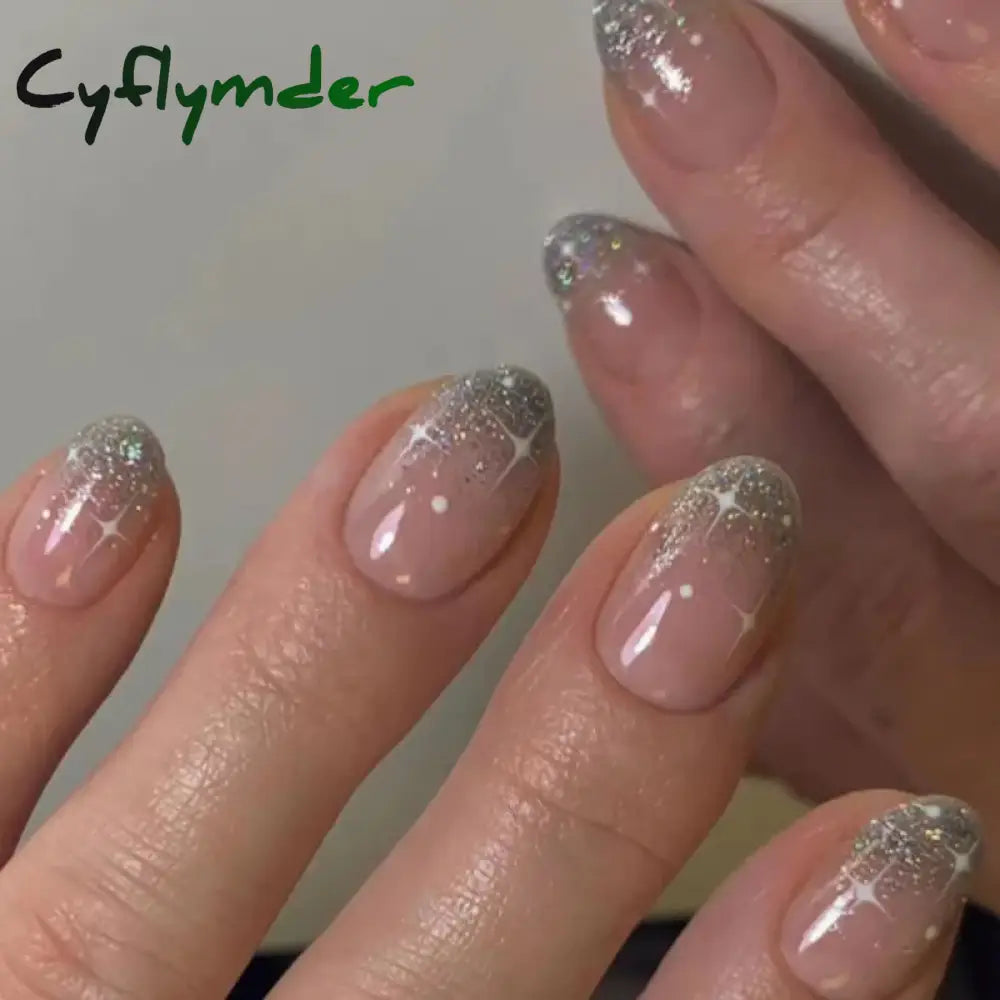 Cyflymder 24pcs Short Almond False Nails Flower Pattern Oval Fake Nails Press on Nails Full Cover Wearable Manicure