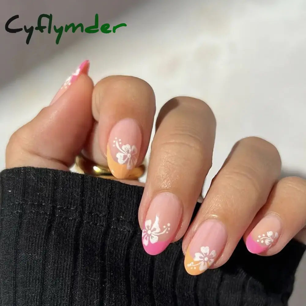 Cyflymder 24pcs Short Almond False Nails Flower Pattern Oval Fake Nails Press on Nails Full Cover Wearable Manicure