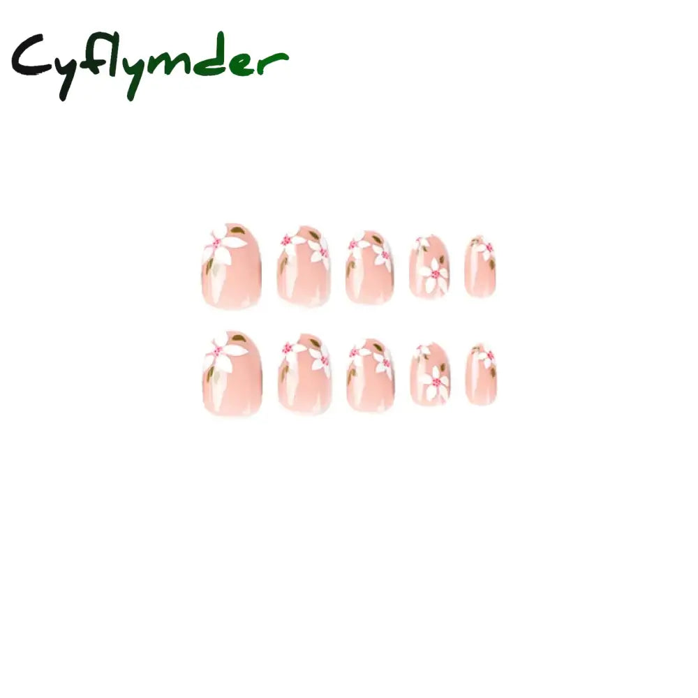 Cyflymder 24pcs Short Almond False Nails Flower Pattern Oval Fake Nails Press on Nails Full Cover Wearable Manicure