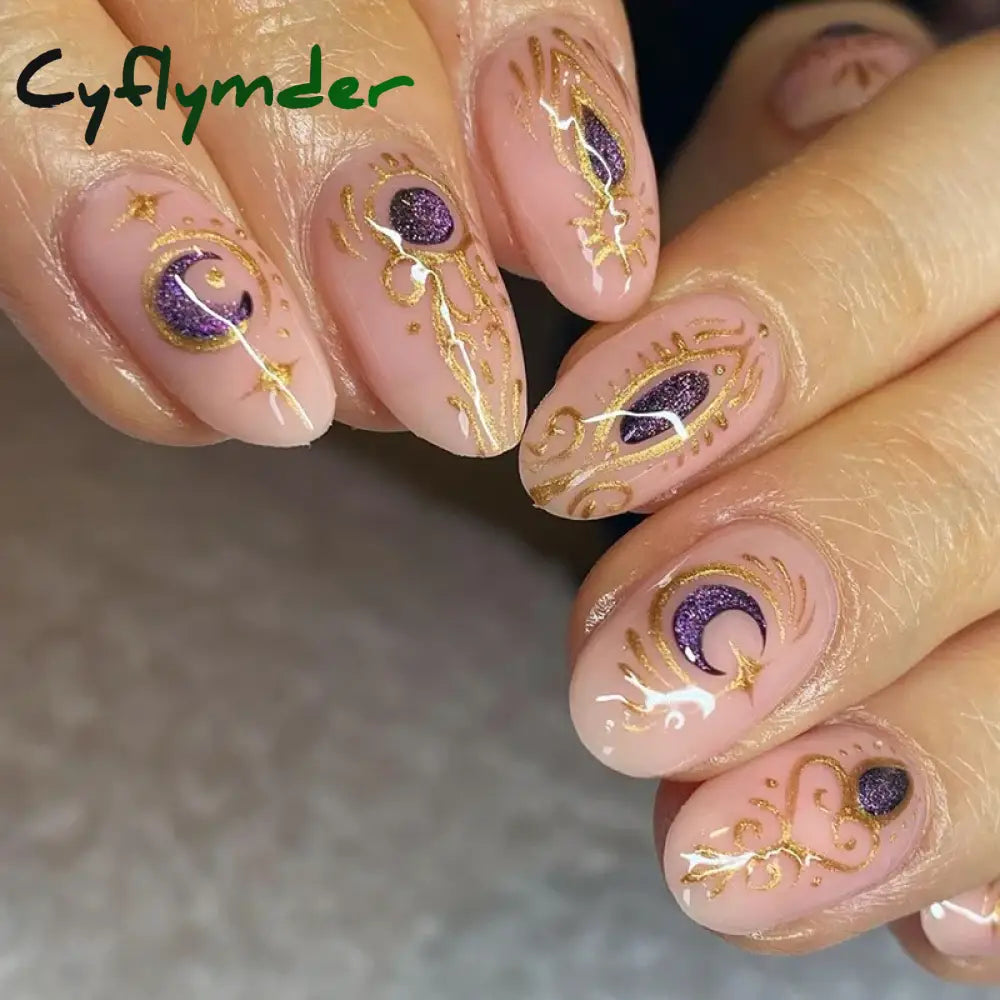 Cyflymder 24pcs Short Almond False Nails Flower Pattern Oval Fake Nails Press on Nails Full Cover Wearable Manicure