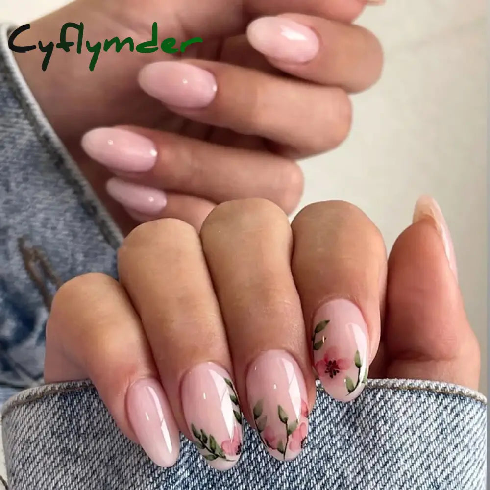 Cyflymder 24pcs Short Almond False Nails Flower Pattern Oval Fake Nails Press on Nails Full Cover Wearable Manicure