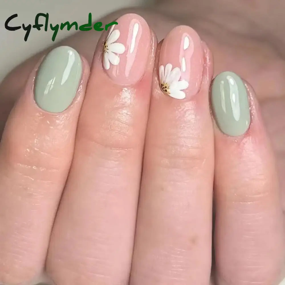 Cyflymder 24pcs Short Almond False Nails Flower Pattern Oval Fake Nails Press on Nails Full Cover Wearable Manicure