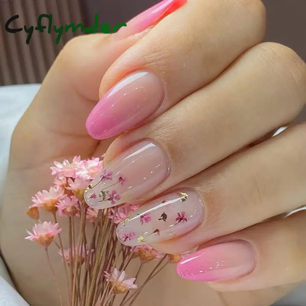 Cyflymder 24pcs Short Almond False Nails Flower Pattern Oval Fake Nails Press on Nails Full Cover Wearable Manicure