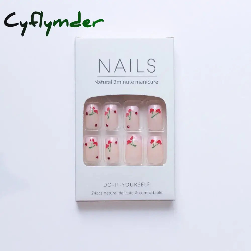 Cyflymder 24Pcs Short Square False Nails French Cherry Pink Edge Fake Full Cover Nail Tips Press On