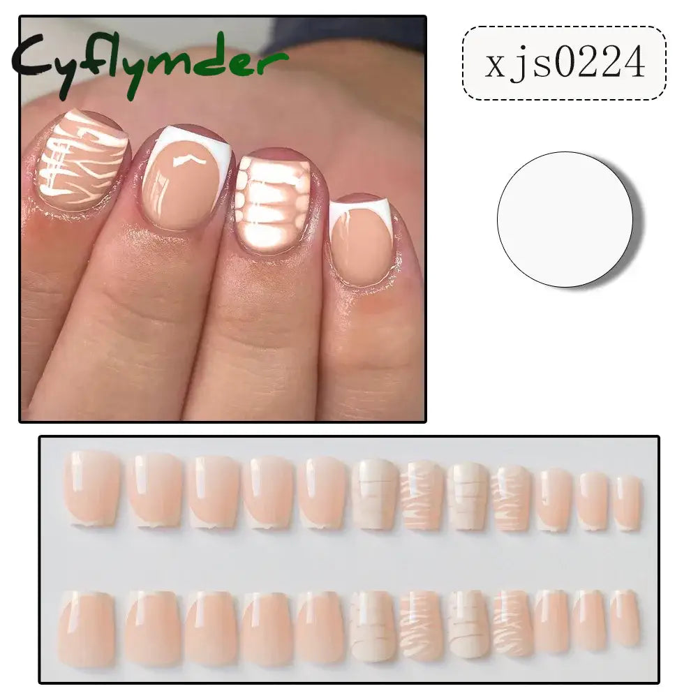 Cyflymder 24Pcs Short Square False Nails French Cherry Pink Edge Fake Full Cover Nail Tips Press On