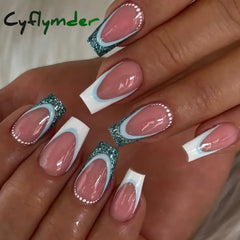 Cyflymder 24Pcs Simple False Nails Green French Long Ballerina Coffin Full Cover Nail Tips