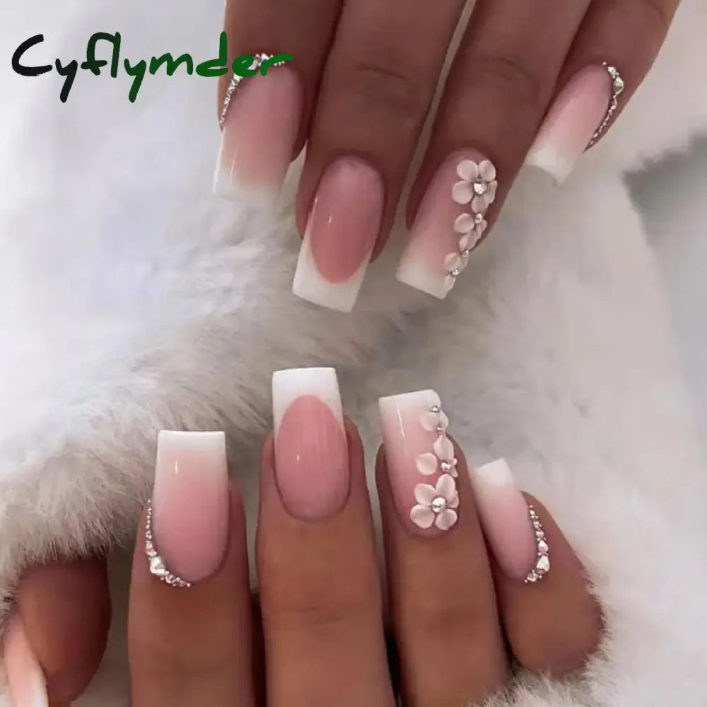 Cyflymder 24Pcs Simple False Nails Green French Long Ballerina Coffin Full Cover Nail Tips
