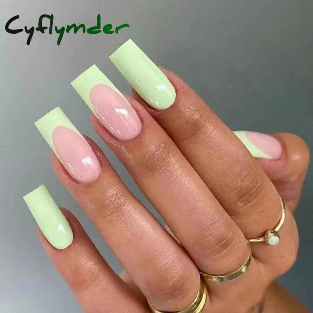 Cyflymder 24Pcs Simple French Fake Nails Wearable Artifical False With Glue Long Coffin Press On