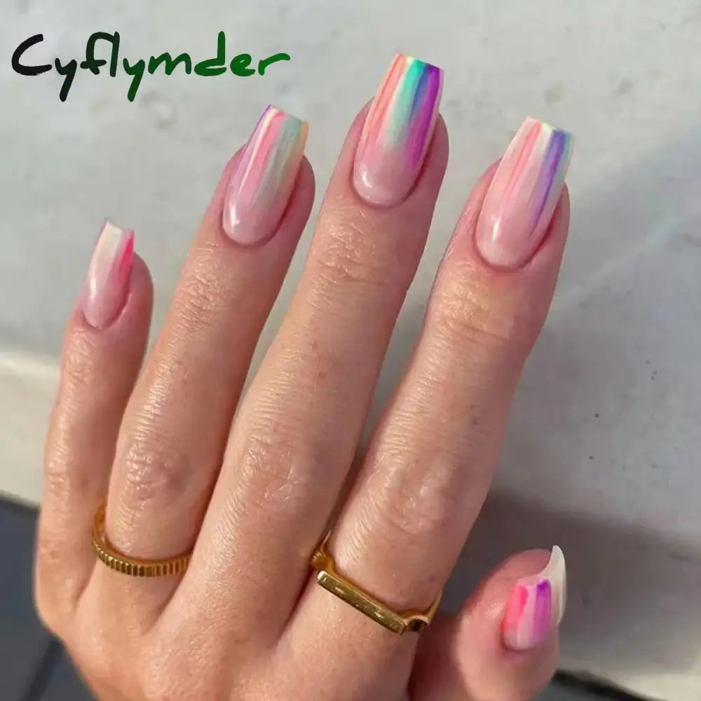 Cyflymder 24Pcs Simple French Fake Nails Wearable Artifical False With Glue Long Coffin Press On