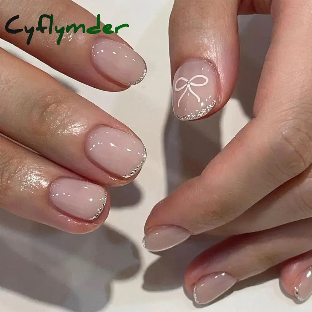 Cyflymder 24Pcs Square False Nails Simple White French Glitter Fake Full Cover Detachable Nail Tips