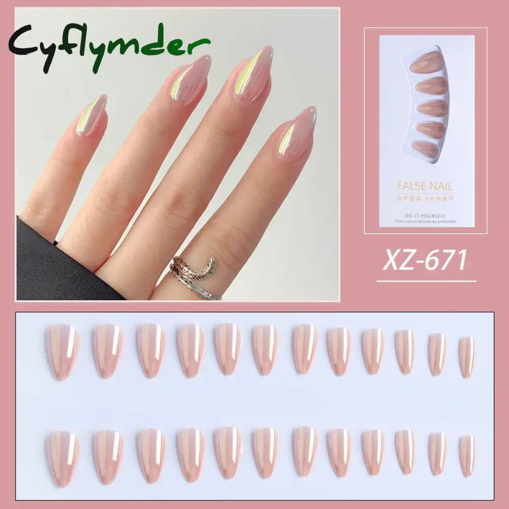 Cyflymder 24Pcs Stiletto Aurora Fake Nails Set Press On Short Almond Wearable False With Glitter