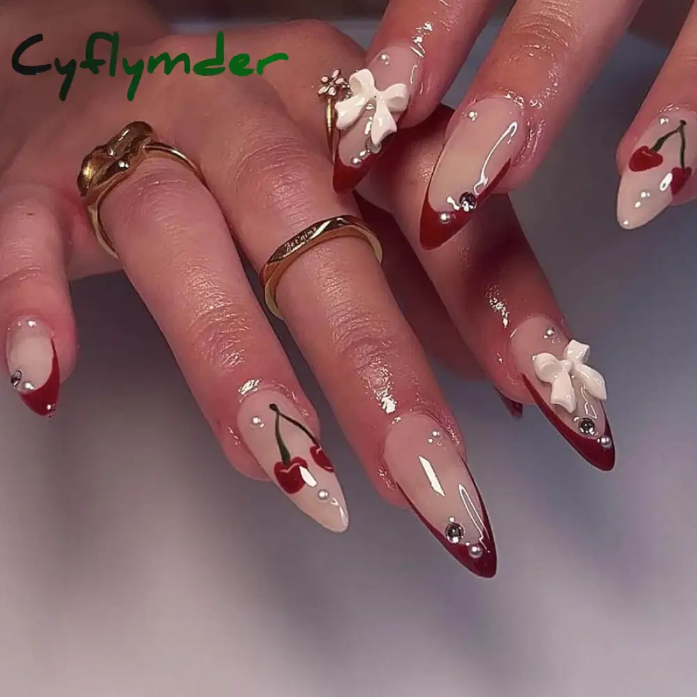 Cyflymder 24Pcs Sweet Cool Y2K Style Ballet False Nails With Glue Acrylic Press On Coffin Almond