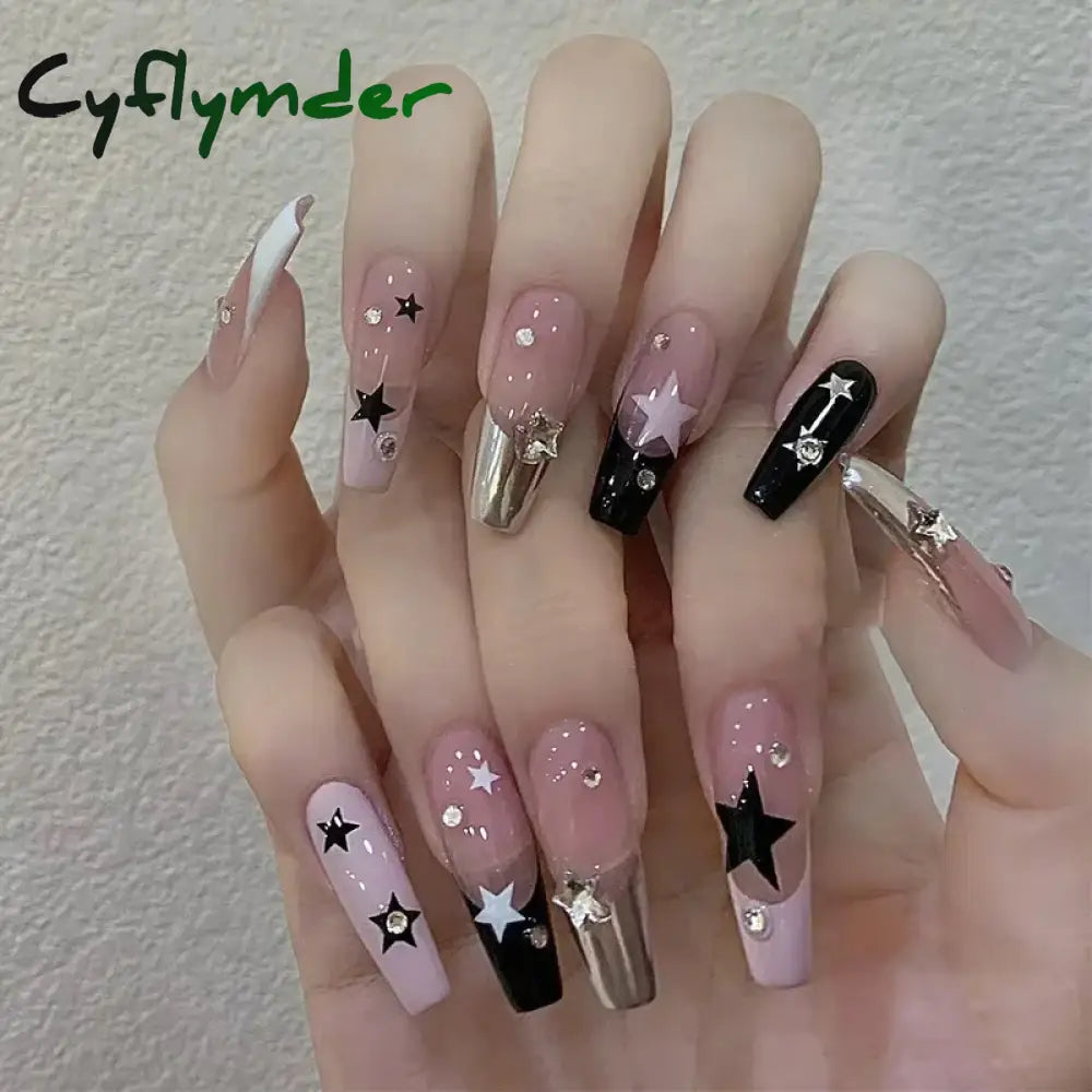 Cyflymder 24Pcs Sweet Cool Y2K Style Ballet False Nails With Glue Acrylic Press On Coffin Almond