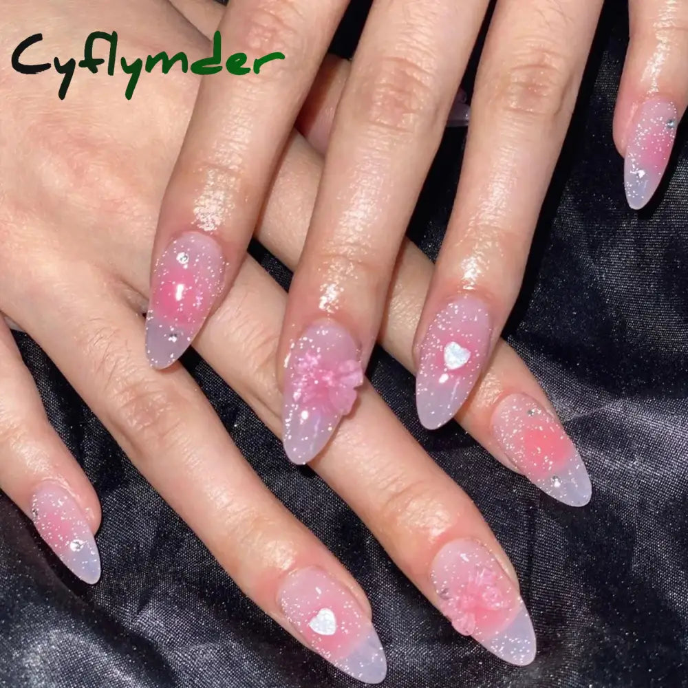 Cyflymder 24Pcs Sweet Cool Y2K Style Ballet False Nails With Glue Acrylic Press On Coffin Almond