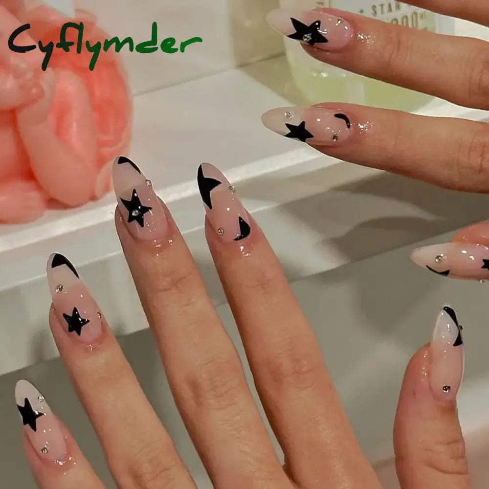 Cyflymder 24Pcs Sweet Cool Y2K Style Ballet False Nails With Glue Acrylic Press On Coffin Almond