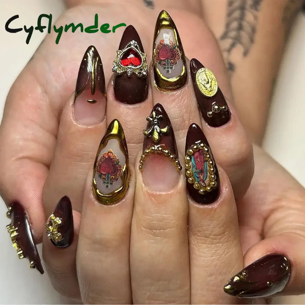 Cyflymder 24Pcs Sweet Cool Y2K Style Ballet False Nails With Glue Acrylic Press On Coffin Almond