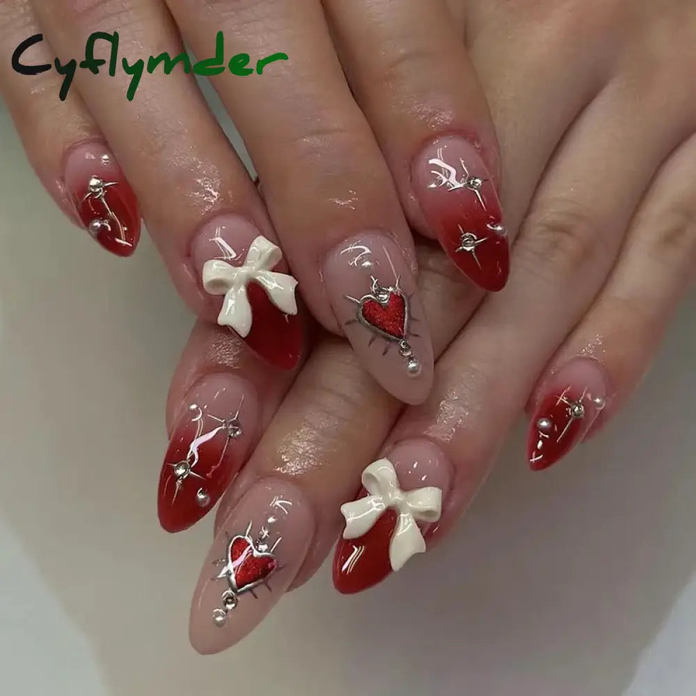 Cyflymder 24Pcs Sweet Cool Y2K Style Ballet False Nails With Glue Acrylic Press On Coffin Almond