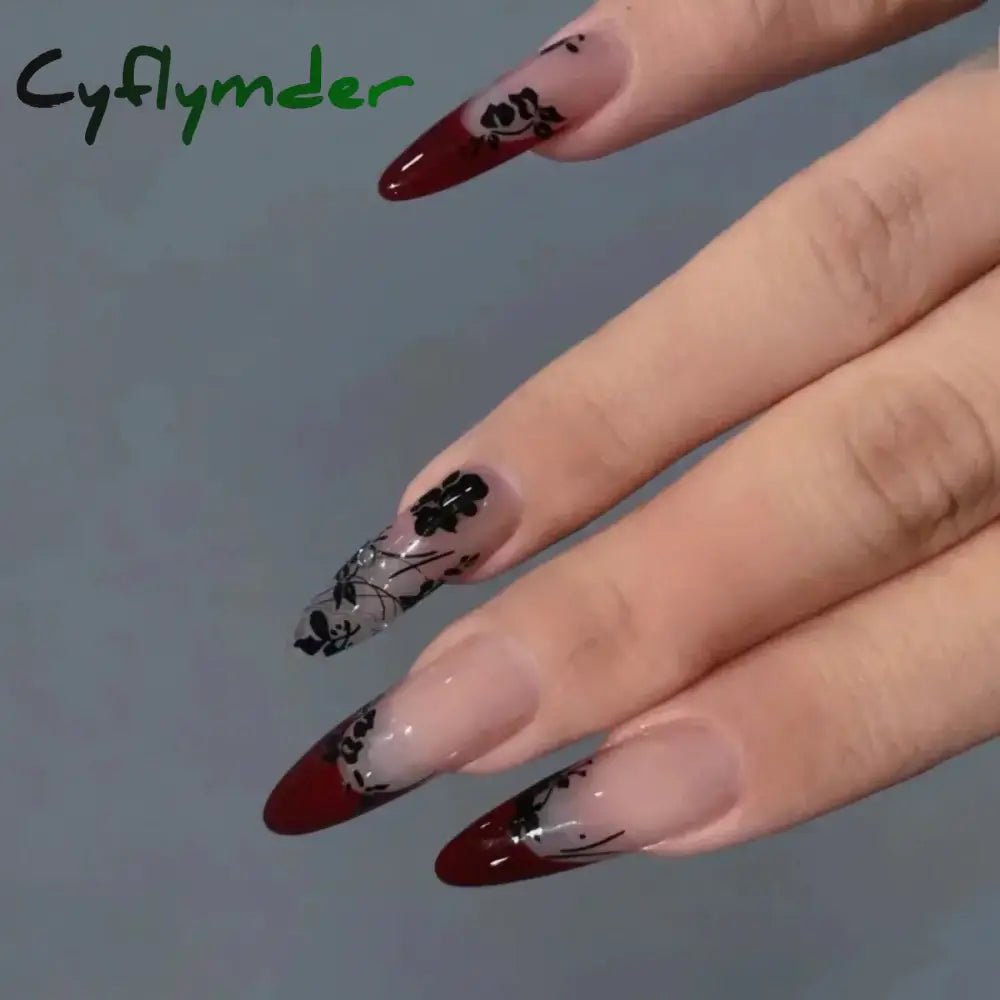 Cyflymder 24Pcs Sweet Cool Y2K Style Ballet False Nails With Glue Acrylic Press On Coffin Almond