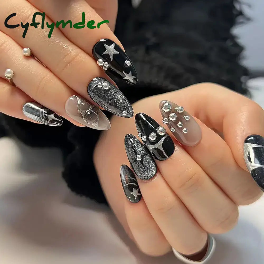 Cyflymder 24Pcs Sweet Cool Y2K Style Ballet False Nails With Glue Acrylic Press On Coffin Almond