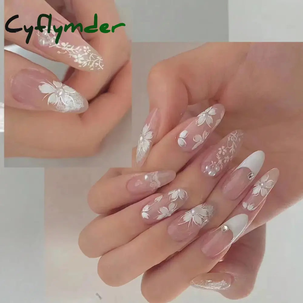 Cyflymder 24Pcs Sweet Cool Y2K Style Ballet False Nails With Glue Acrylic Press On Coffin Almond