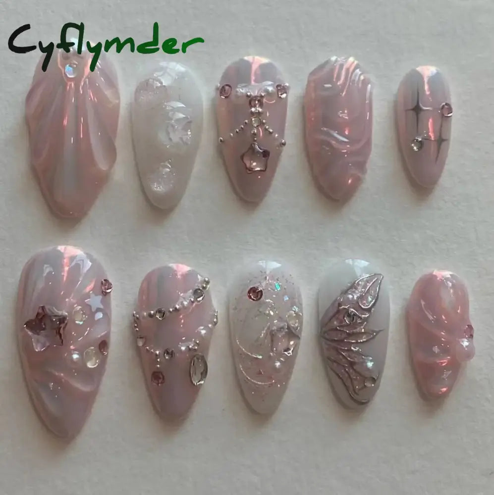 Cyflymder 24pcs Sweet False Nail Patches Detachable Fake Nail Tips With Bowknots Love Heart Pearl Design Pink Almond