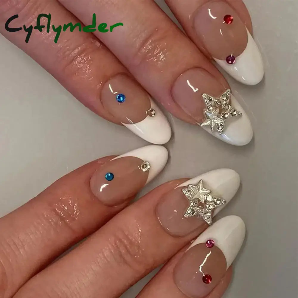 Cyflymder 24Pcs Tip Fake Nails Kit Long Almond Press On With Jelly Glue Colorful Flower Leaf False