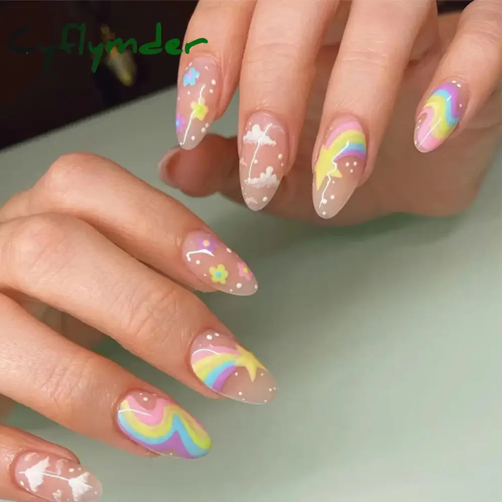 Cyflymder 24Pcs Tip Fake Nails Kit Long Almond Press On With Jelly Glue Colorful Flower Leaf False