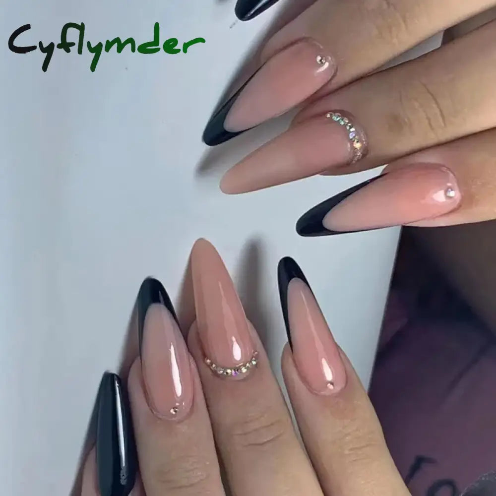 Cyflymder 24Pcs Water-Drop Almond Fake Nails Sharp Set Press On Stiletto Glitter Silver False