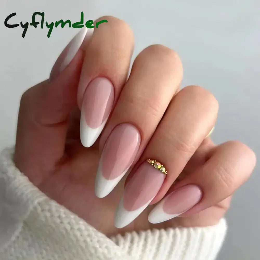 Cyflymder 24Pcs Water-Drop Almond Fake Nails Sharp Set Press On Stiletto Glitter Silver False