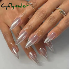 Cyflymder 24Pcs Water-Drop Almond Fake Nails Sharp Set Press On Stiletto Glitter Silver False