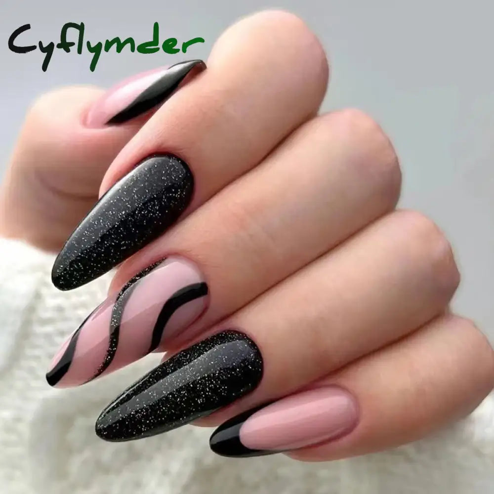 Cyflymder 24Pcs Water-Drop Almond Fake Nails Sharp Set Press On Stiletto Glitter Silver False