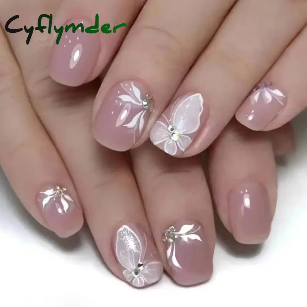 Cyflymder 24Pcs White Ice Camellia Short False Nails Art Light Pink Sweet Girls Acrylic Press On