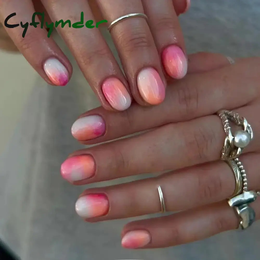 Cyflymder 24Pcs White Ice Camellia Short False Nails Art Light Pink Sweet Girls Acrylic Press On