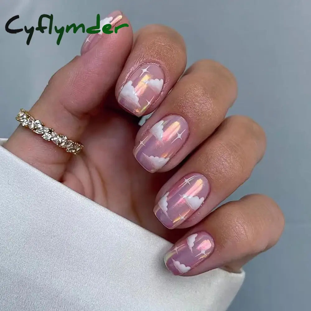 Cyflymder 24Pcs White Ice Camellia Short False Nails Art Light Pink Sweet Girls Acrylic Press On