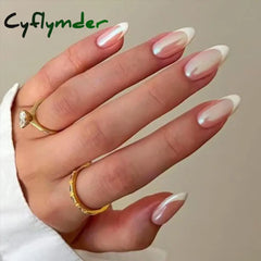 Cyflymder 24Pcs White Pearl Press On Nails Without Glue French False Tip Long Oval Ballet Fake Tips