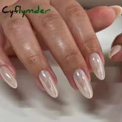 Cyflymder 24Pcs White Pearl Press On Nails Without Glue French False Tip Long Oval Ballet Fake Tips