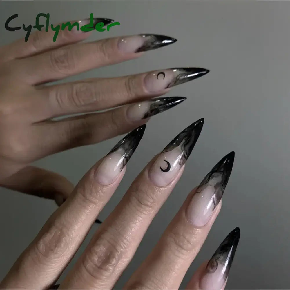 Cyflymder 24Pcs Y2K Long Pointed False Nails Cool Girl Style Silver Flame Pattern Press On