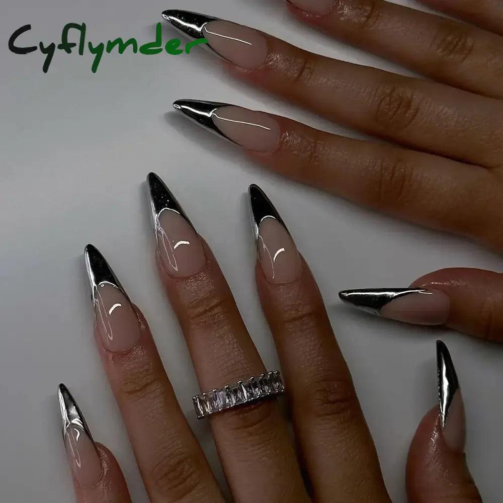 Cyflymder 24Pcs Y2K Long Pointed False Nails Cool Girl Style Silver Flame Pattern Press On