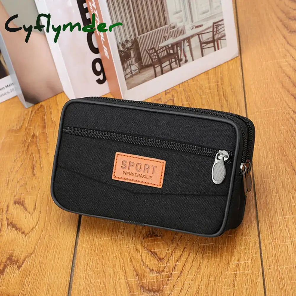 Cyflymder 2pcs/Pack Black Men’s Canvas Mobile Phone Bag Large Capacity Three-layer Zipper Waterproof Handbag Wear belt