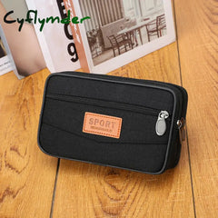 Cyflymder 2pcs/Pack Black Men’s Canvas Mobile Phone Bag Large Capacity Three-layer Zipper Waterproof Handbag Wear belt