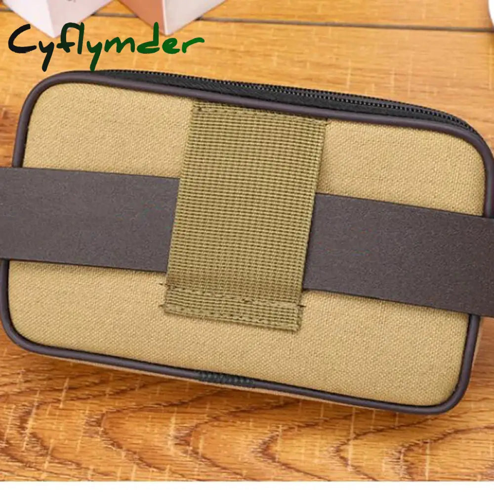 Cyflymder 2pcs/Pack Black Men’s Canvas Mobile Phone Bag Large Capacity Three-layer Zipper Waterproof Handbag Wear belt