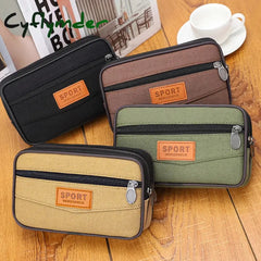 Cyflymder 2pcs/Pack Black Men’s Canvas Mobile Phone Bag Large Capacity Three-layer Zipper Waterproof Handbag Wear belt