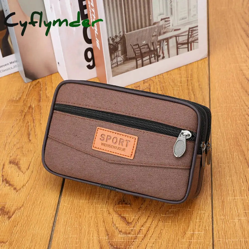 Cyflymder 2pcs/Pack Black Men’s Canvas Mobile Phone Bag Large Capacity Three-layer Zipper Waterproof Handbag Wear belt