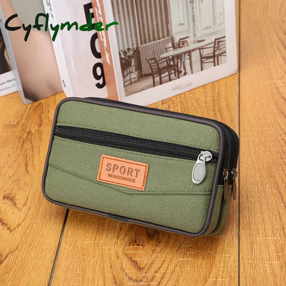 Cyflymder 2pcs/Pack Black Men’s Canvas Mobile Phone Bag Large Capacity Three-layer Zipper Waterproof Handbag Wear belt