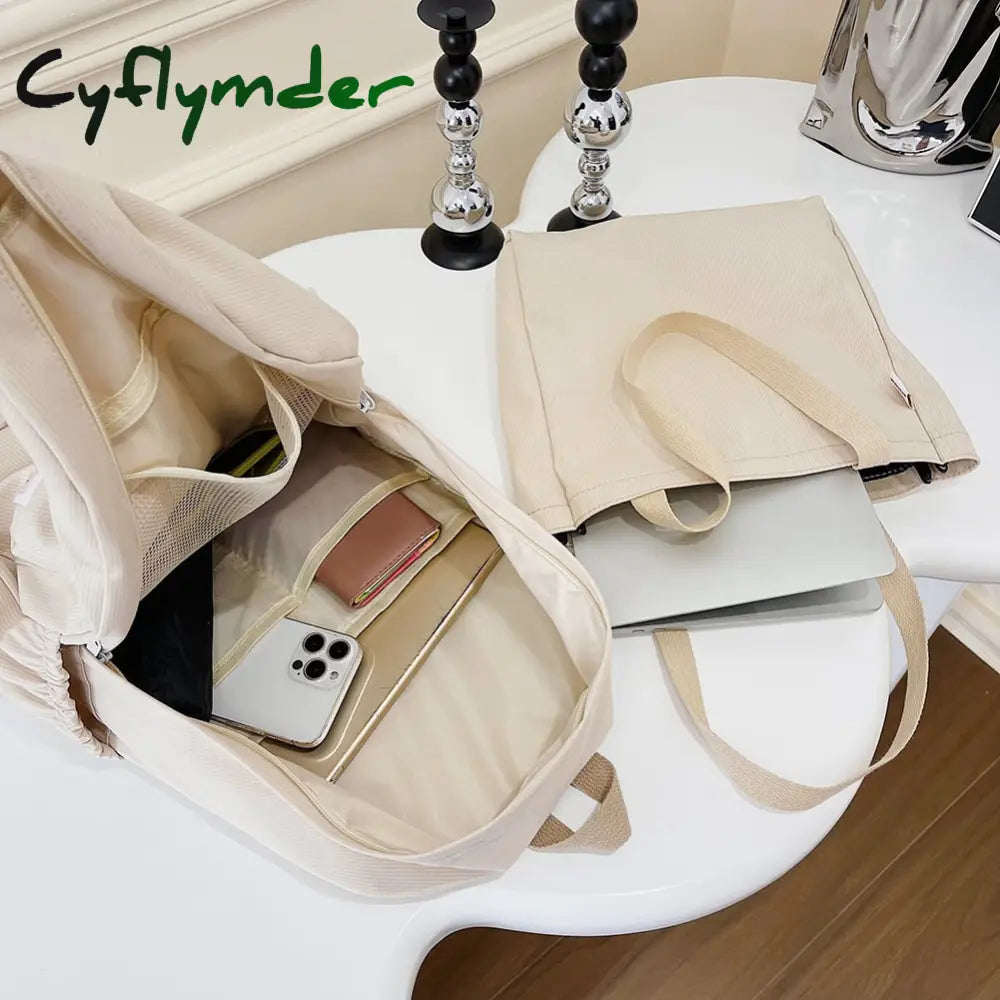 Cyflymder 2Pcs/Set Women’s Backpack Solid Color Female Multi-Pocket Rucksack Casual Knapsack