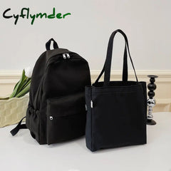 Cyflymder 2Pcs/Set Women’s Backpack Solid Color Female Multi-Pocket Rucksack Casual Knapsack