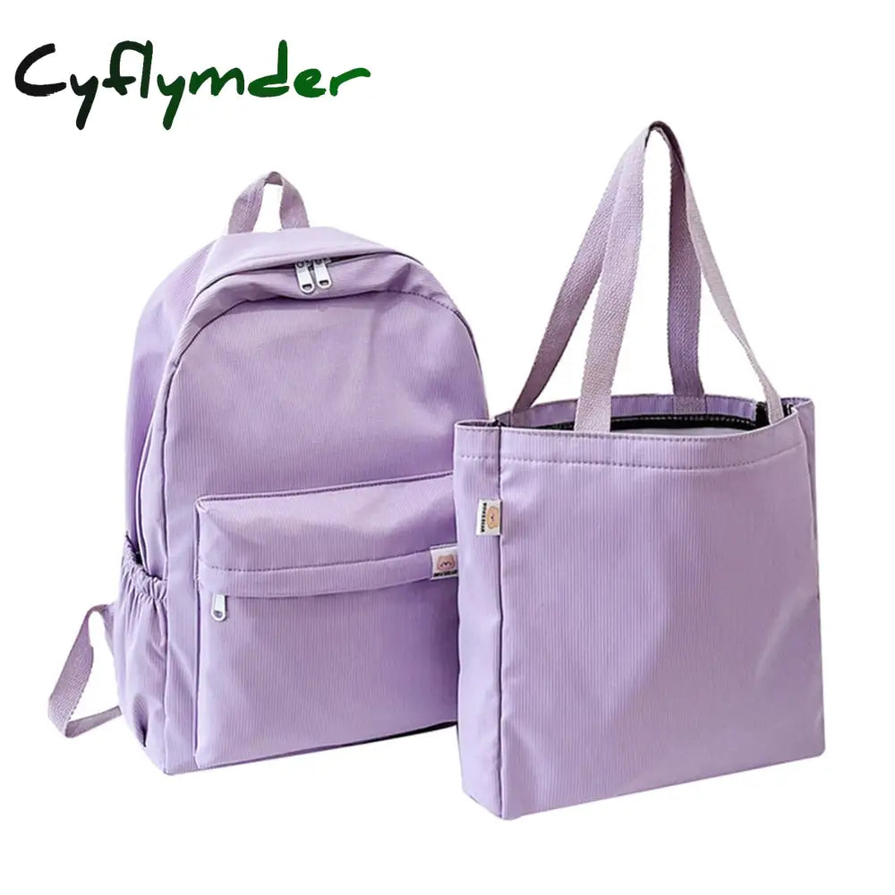 Cyflymder 2Pcs/Set Women’s Backpack Solid Color Female Multi-Pocket Rucksack Casual Knapsack