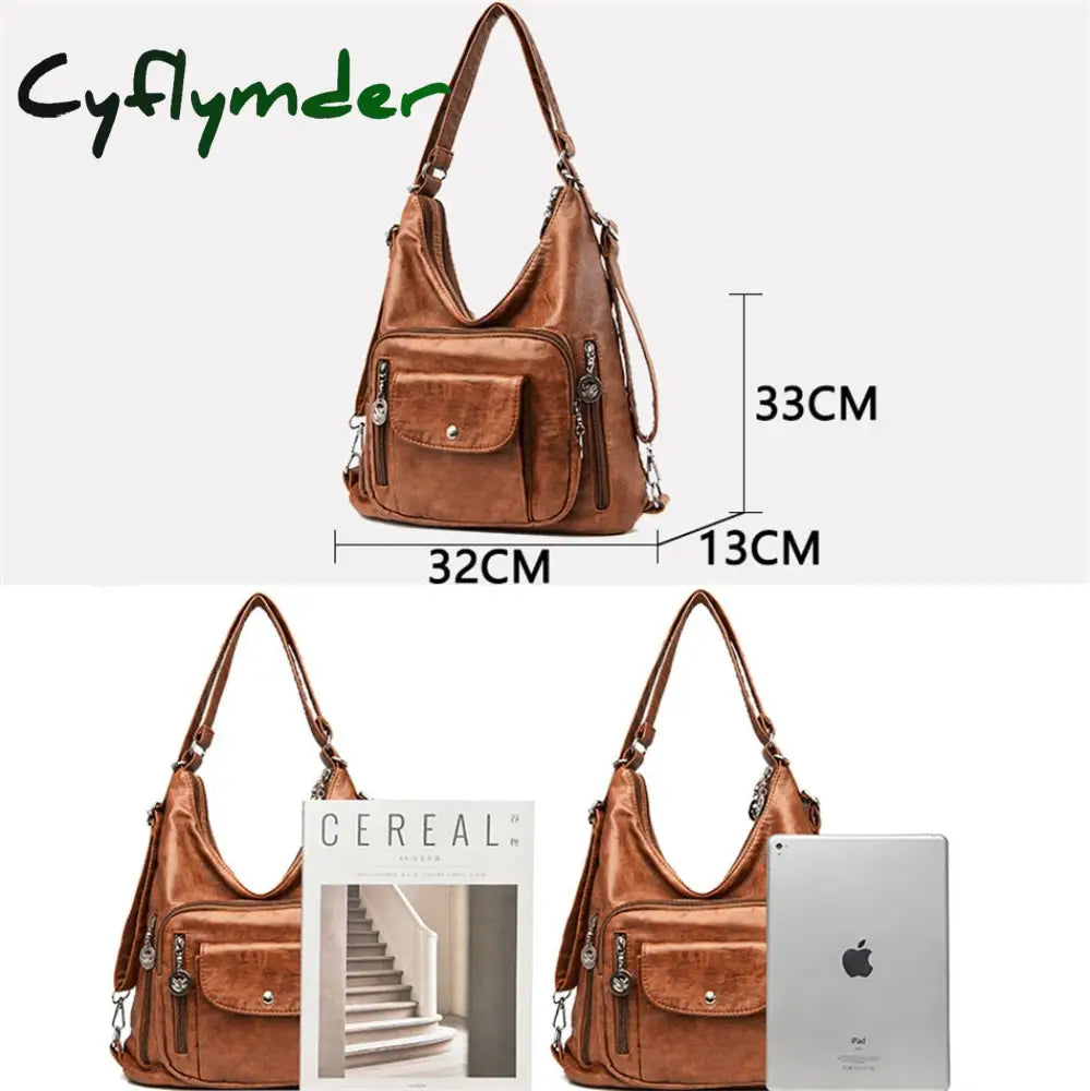 Cyflymder 3 In 1 Women Back Pack Bagpack Vintage Bag Retro Pu Leather Ladies Casual Tote Designer