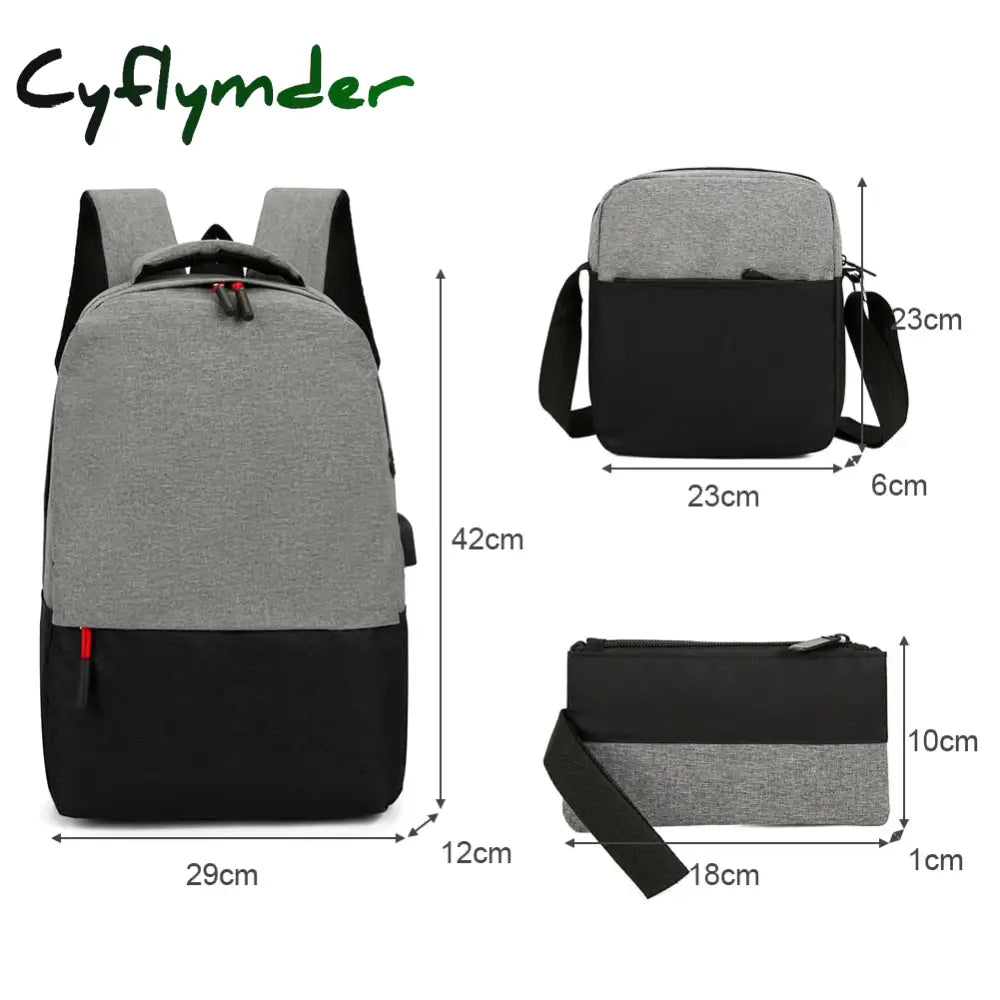 Cyflymder 3Pcs/Set Canvas Laptop Backpack Large Capacity Men Women Business Travel School Shoulder