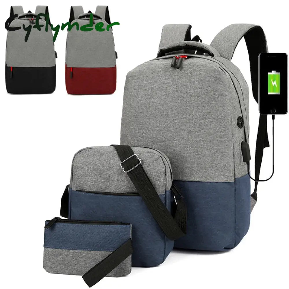 Cyflymder 3Pcs/Set Canvas Laptop Backpack Large Capacity Men Women Business Travel School Shoulder